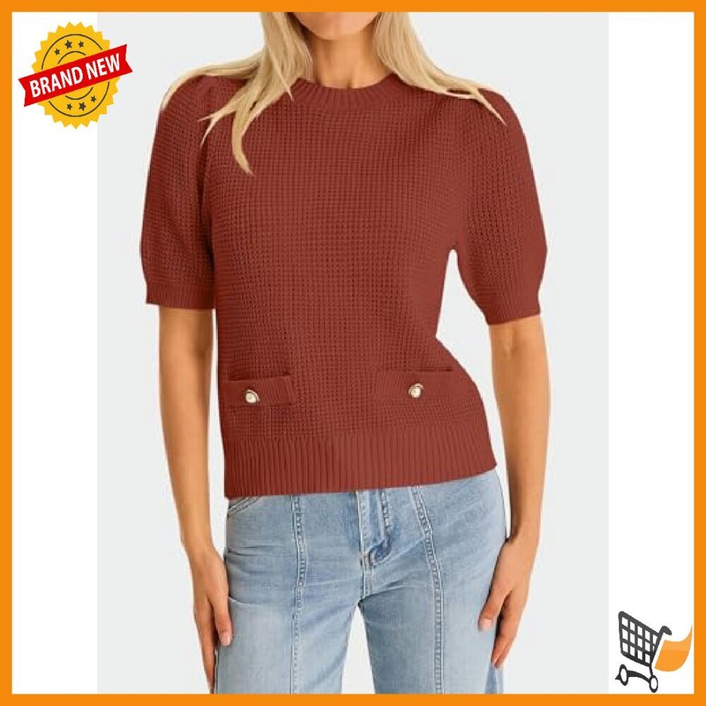 Cropped Ribbed Knit Sweater Puff Sleeves Lightweight Pullover Casual Loose Fit - Picture 3 of 8